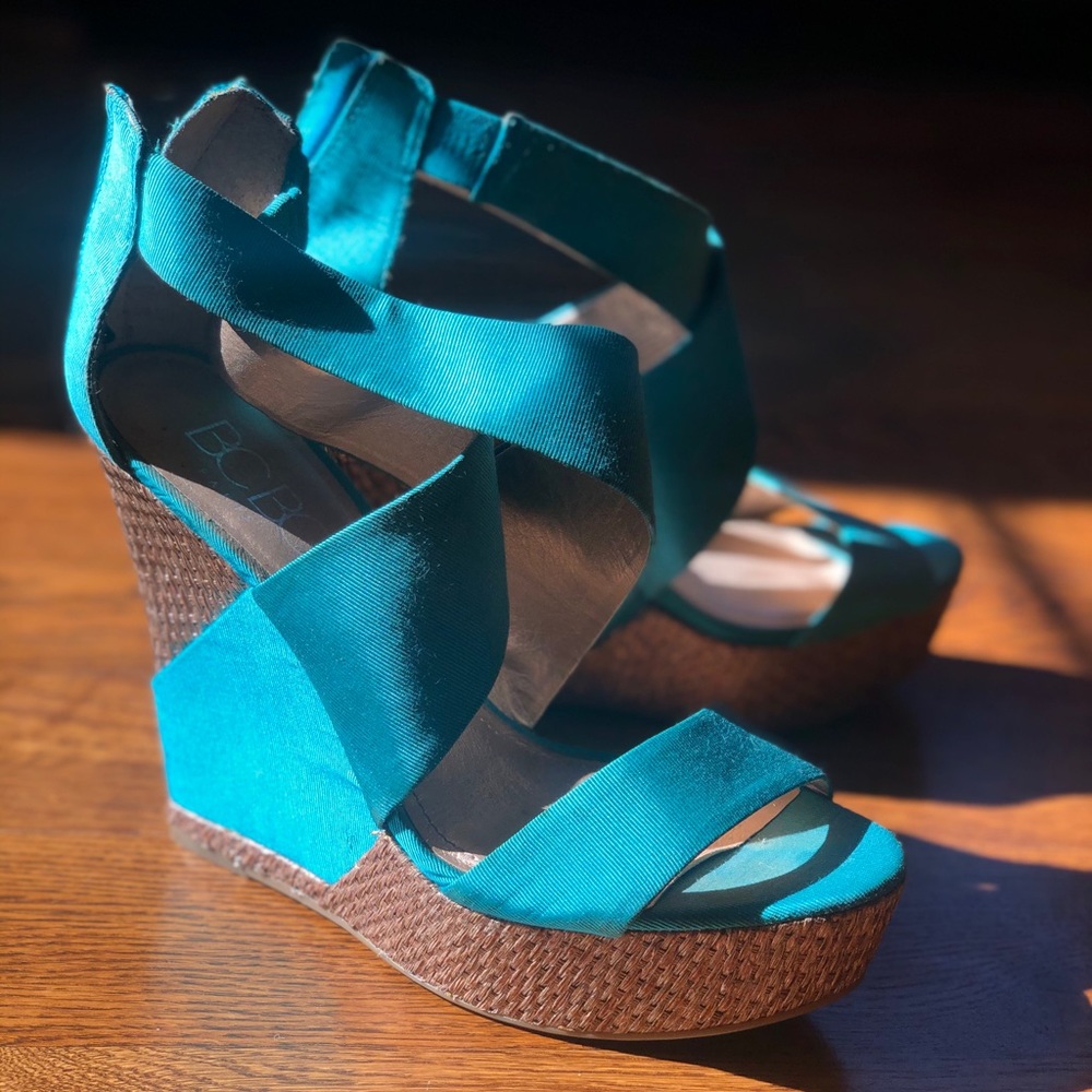 Turquoise and rattan platform wedges